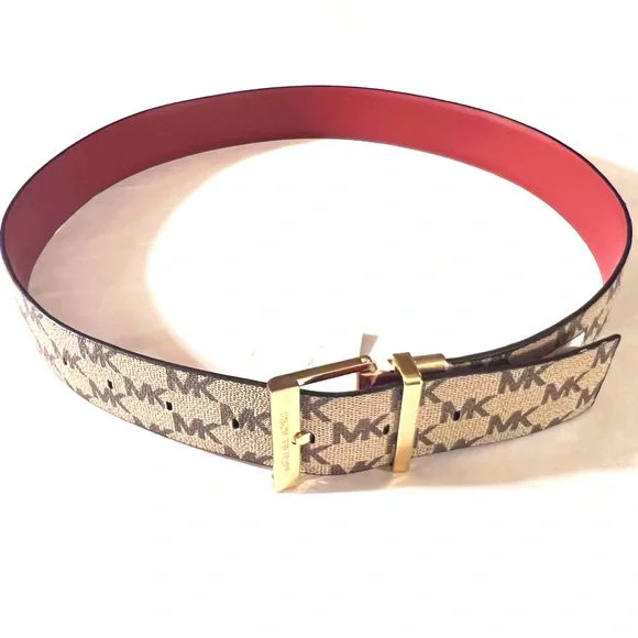 NWT! MICHAEL Michael Kors medium reversible belt Michael Kors Belt Twist Reversible MK Gray Tan Logo Gold  main image 3